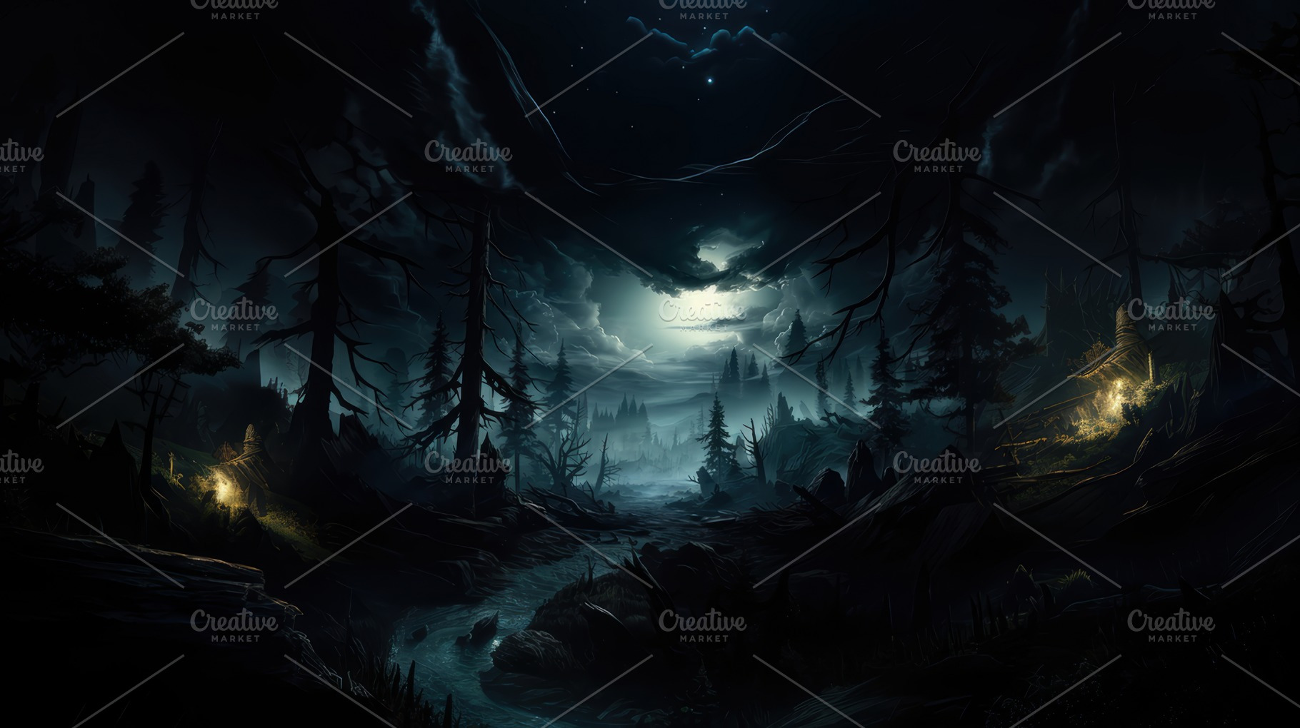 Mystical Night Landscape: Dark Forest Scene with Full Moon, Silhouetted Trees,, a Photo by AS photostudio