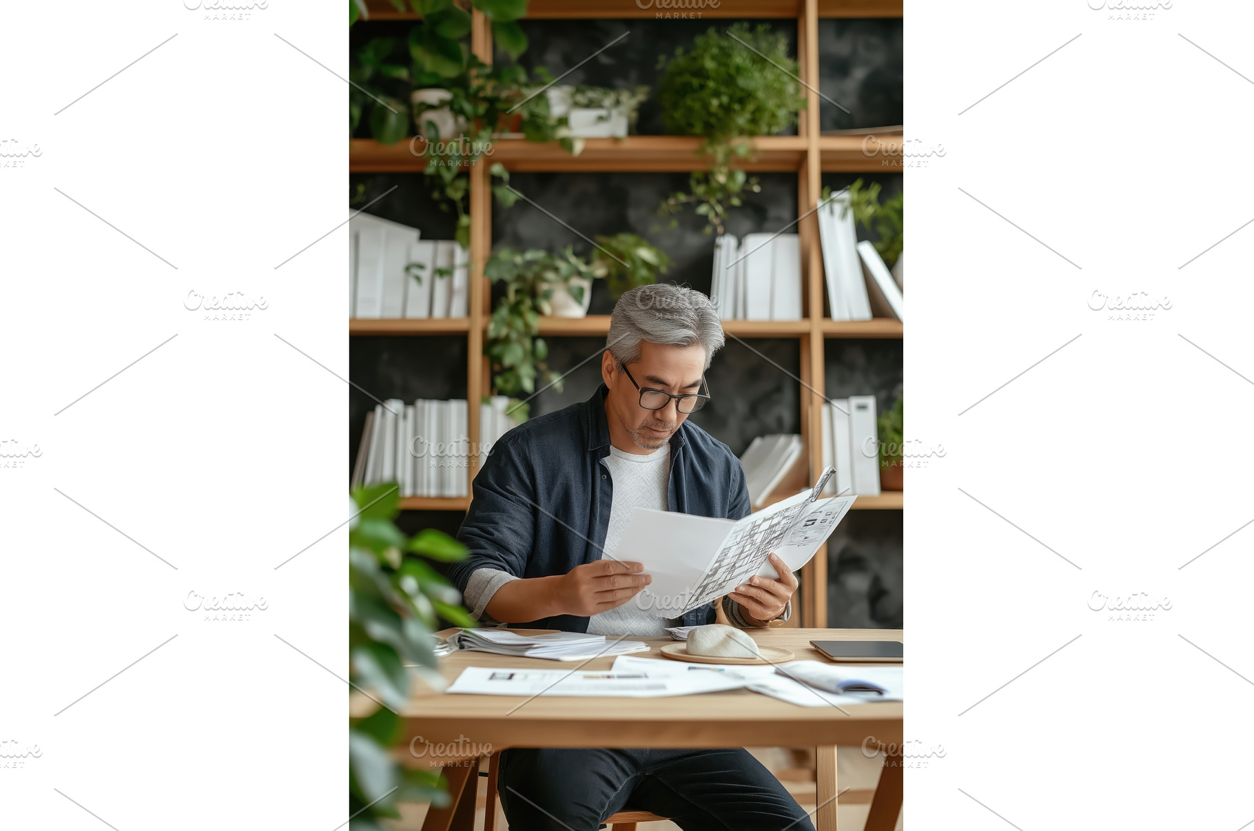 Asian man with gray hair reads, a Business Photo by Sergey Kotenev