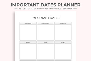 Important Dates Planner Printable, a Stationery Template by M9 Design