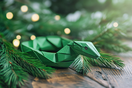 A green origami snake placed among pine branches, with soft bokeh lights in the, an Arts & Entertainment Photo by Textures & Backgrounds