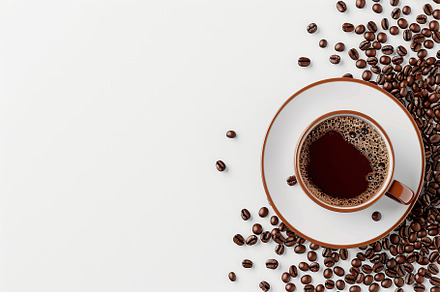 Flat lay of cup of coffee and coffee beans on white background, a Food & Drink Photo by AlyaAnd
