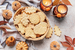Autumn cookies basket with seasonal decorations, a Food & Drink Photo by Olena Rudo
