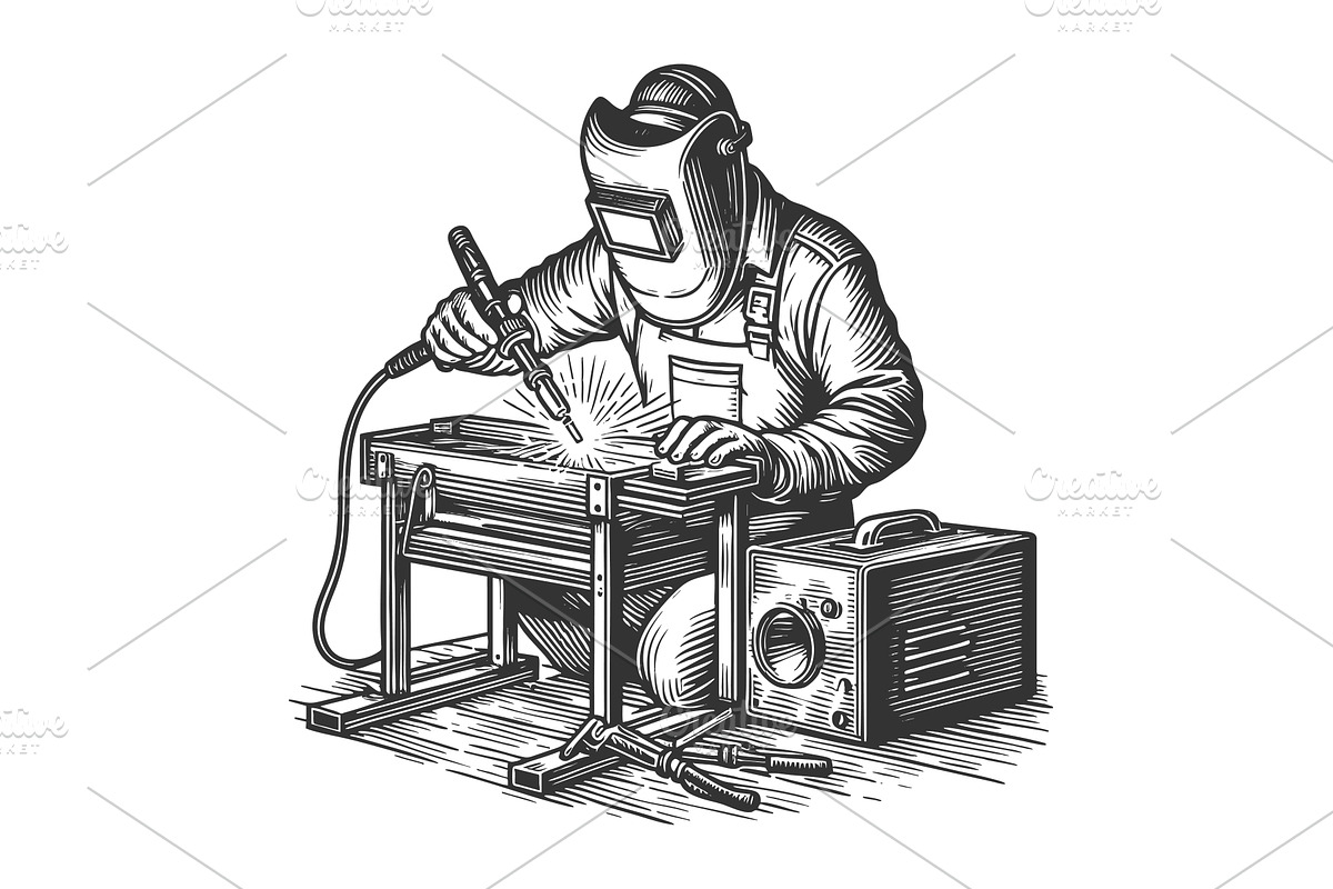 Welder Working with Torch and Tools, an Illustration by AlexArt