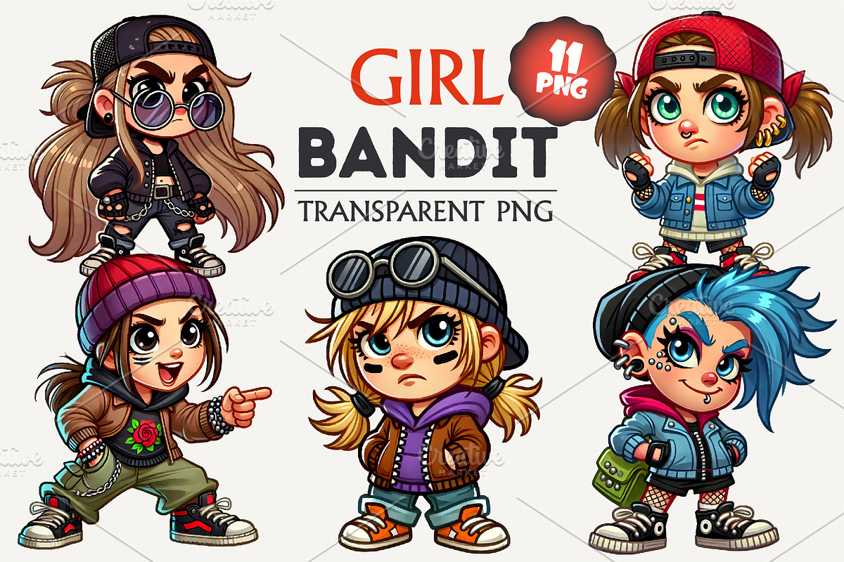 Cartoon girl bandit. Tshirt, PNG., a Person Illustration by KENO Mascots (Photo 1 of 5)