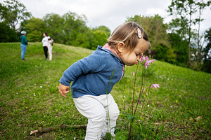 Young child smells wildflowers in a rural field with family in background., a Person Photo by AS photostudio