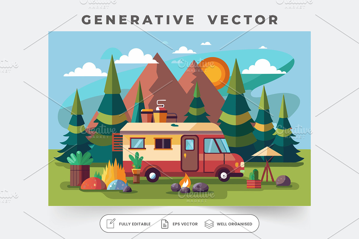 A cozy RV parked in a vibrant forest, a Graphic by Iftikhar Alam
