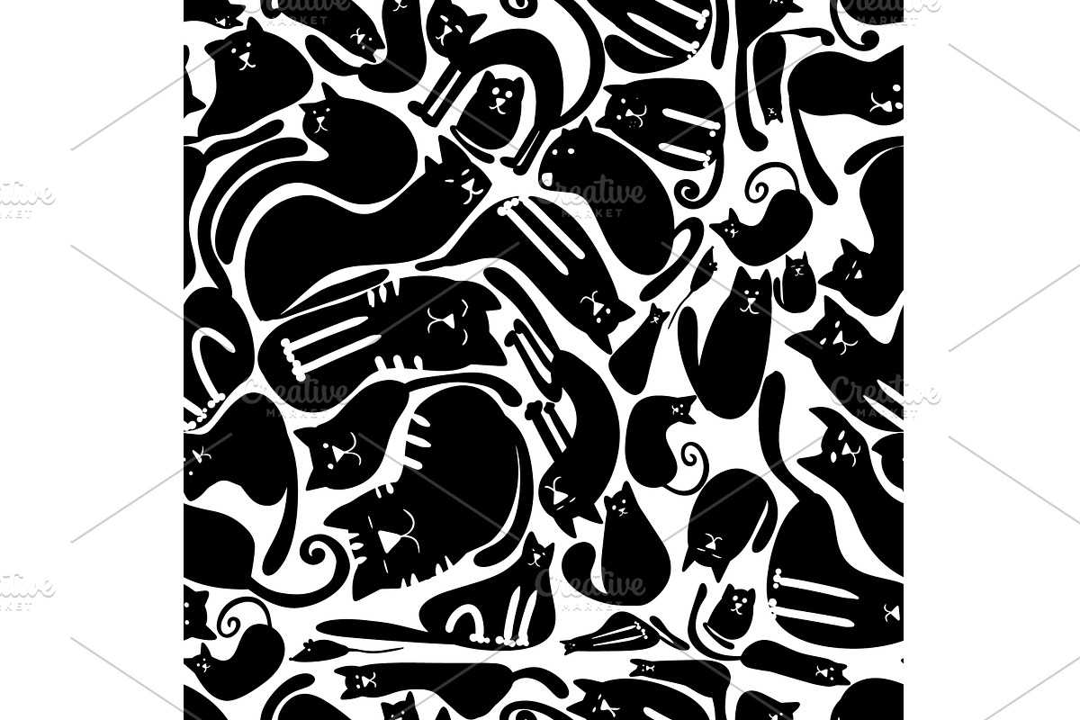 Cats black seamless background. hand, an Animal Illustration by Nenahliadava Design