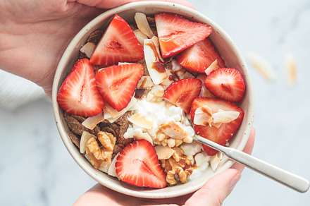 Cottage cheese bowl with strawberry, a Photo by vaaseenaa