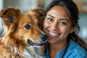 Smiling Veterinarian Hugging Dog in Clinic Setting, an Animal Photo by Davizro's Market