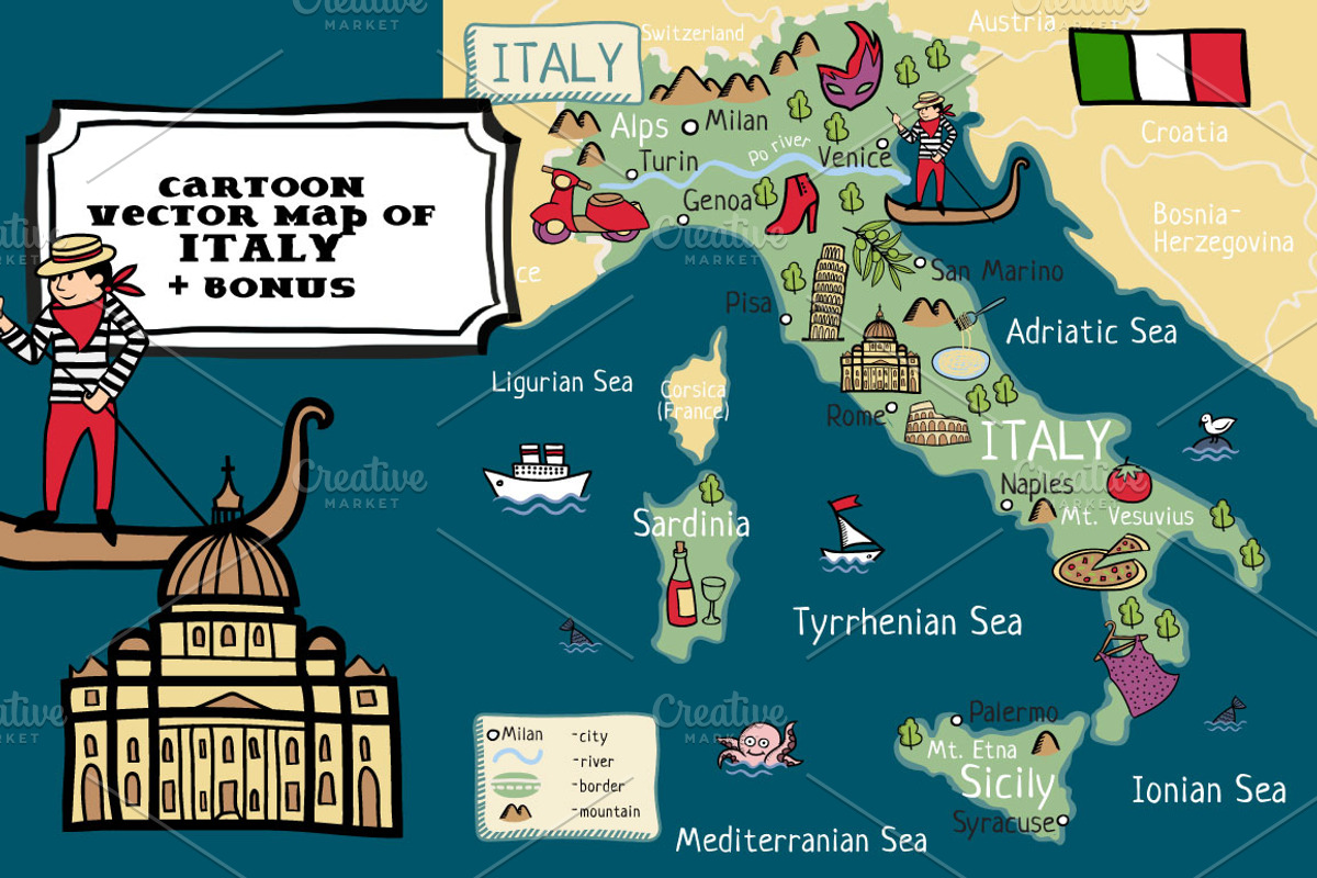 Cartoon vector map of Italy +bonus, a Food Illustration by Nata Savina Art (Photo 1 of 3)