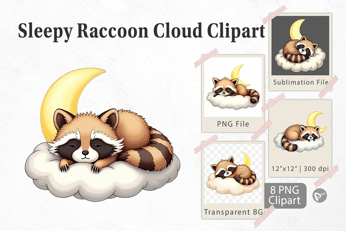 Sleepy Raccon Cloud Clipart, a Graphic by Artnoy (Photo 1 of 5)