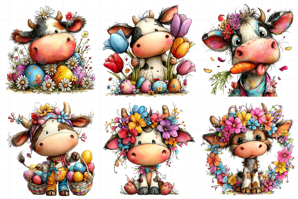 Watercolor Easter Funny Cow Clipart, an Illustration by Daily.Designs (Photo 5 of 7)