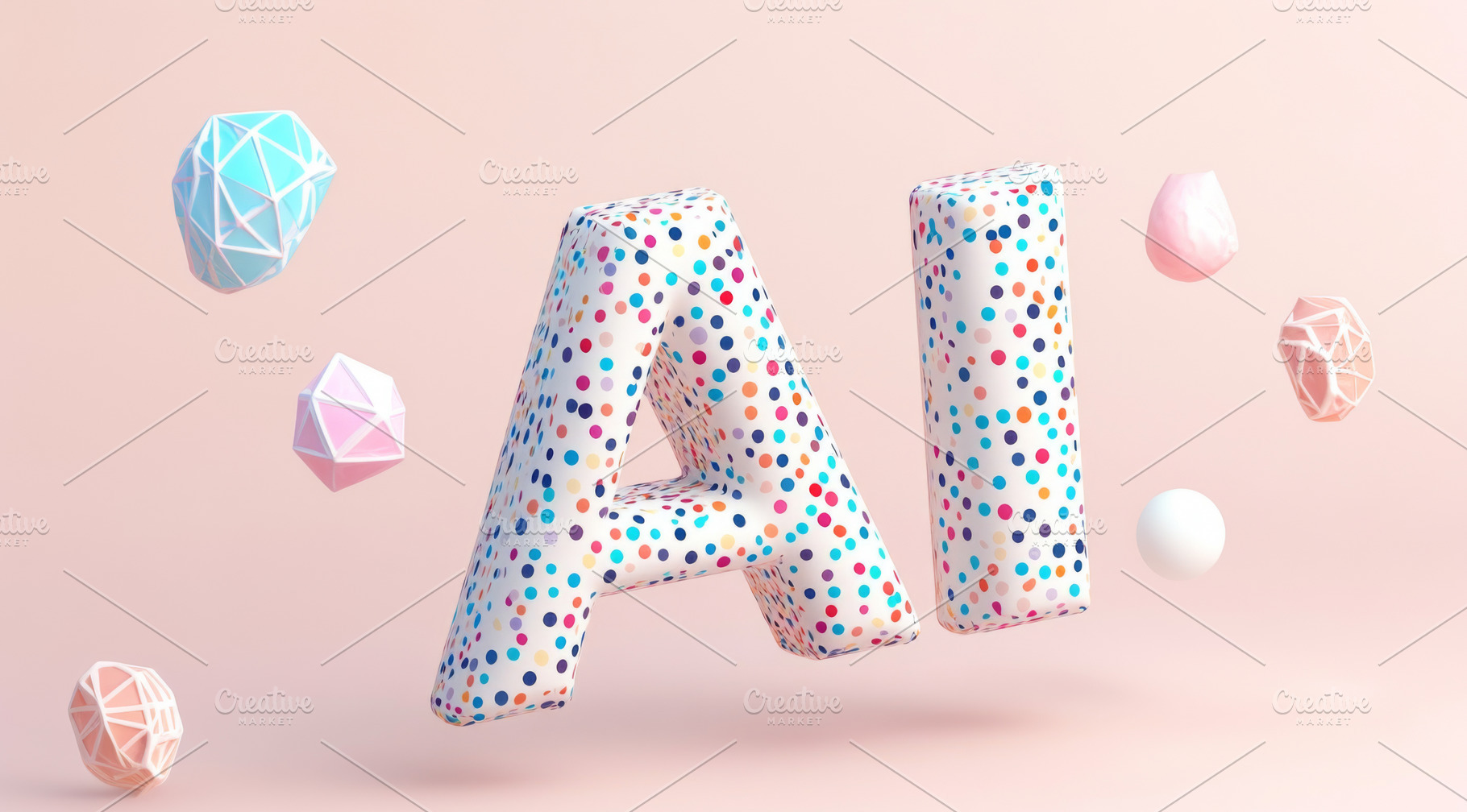 AI text with colorful geometric shapes on pale pink background, a Photo by Dvoevnore photos