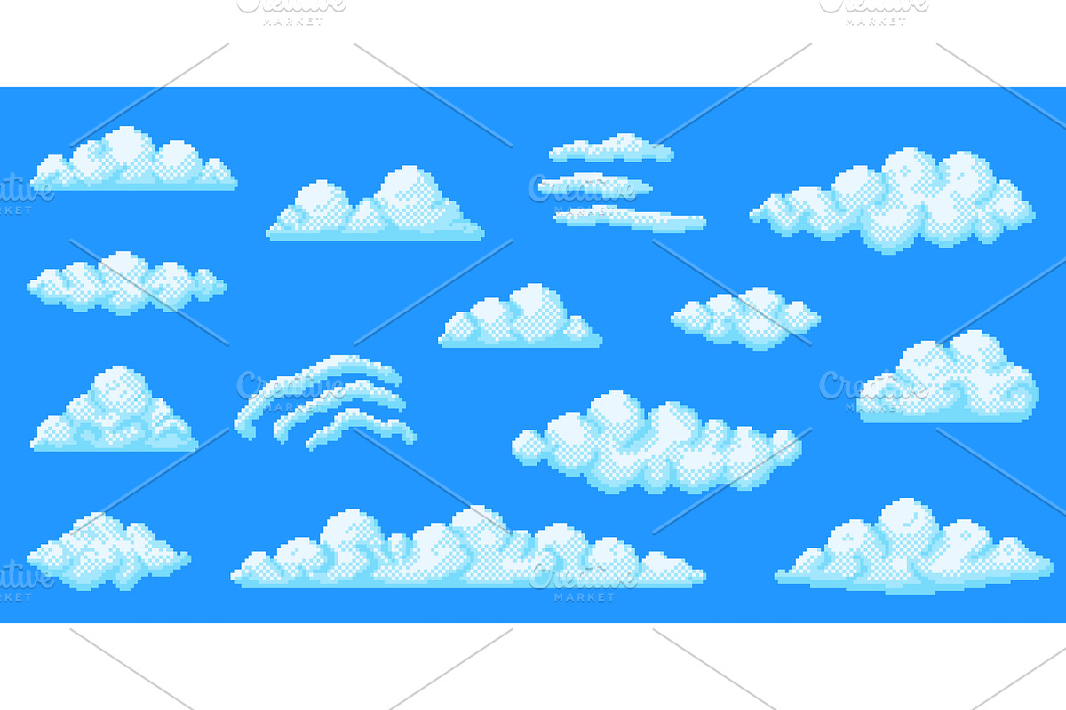 Pixel art clouds. 8 bit white cloud, an Illustration by winwin.art
