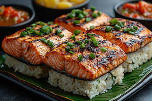 Grilled salmon served over rice with, a Photo by Tanuart