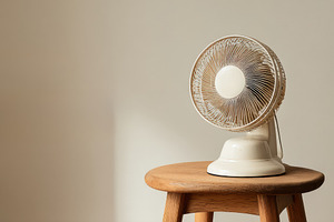 White vintage fan, pale wooden stool, an Architecture Photo by Virgo Studio