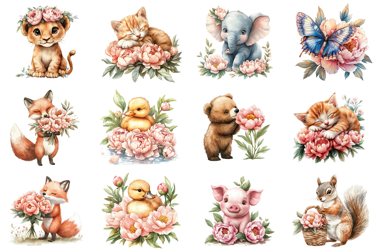 Summer Peony Flower Animals Clipart, an Illustration by Designworld (Photo 3 of 8)