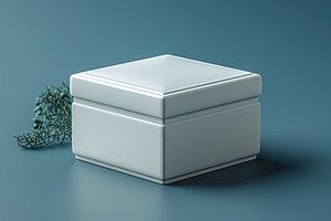 A minimalist square white box with a delicate green herb accent, set against a, a Background Photo by ImageMir