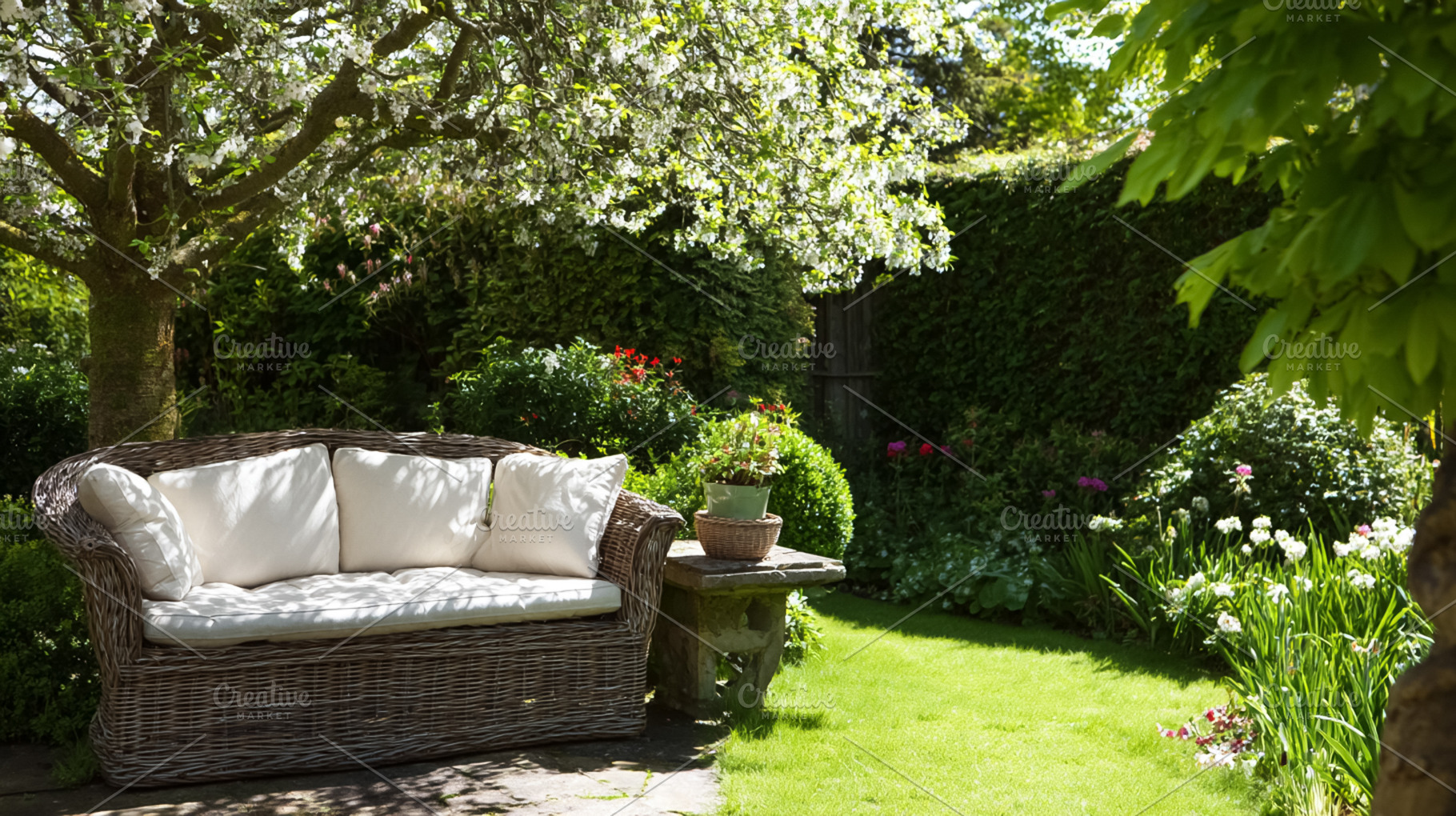 Wicker outdoor sofa inviting relaxation in a beautiful blooming, a Photo by Studio ANNA
