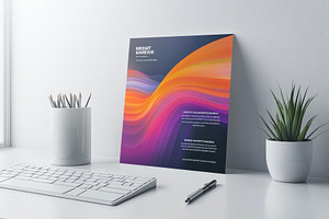 Abstract art poster mockup on a desk, a Background Photo by Pixeness Studio
