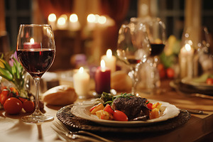 Elegantly set table with a glass of red wine, gourmet food, and glowing candles, a Food & Drink Photo by Studio ANNA