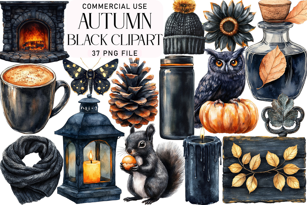 Watercolor Black Autumn Clipart, an Illustration by Daily.Designs (Photo 1 of 5)