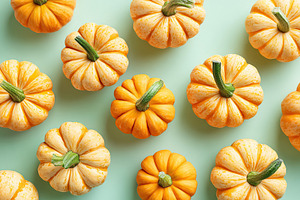 Various small pumpkins scattered on a light green background during autumn harv, a Food & Drink Photo by AlyaAnd