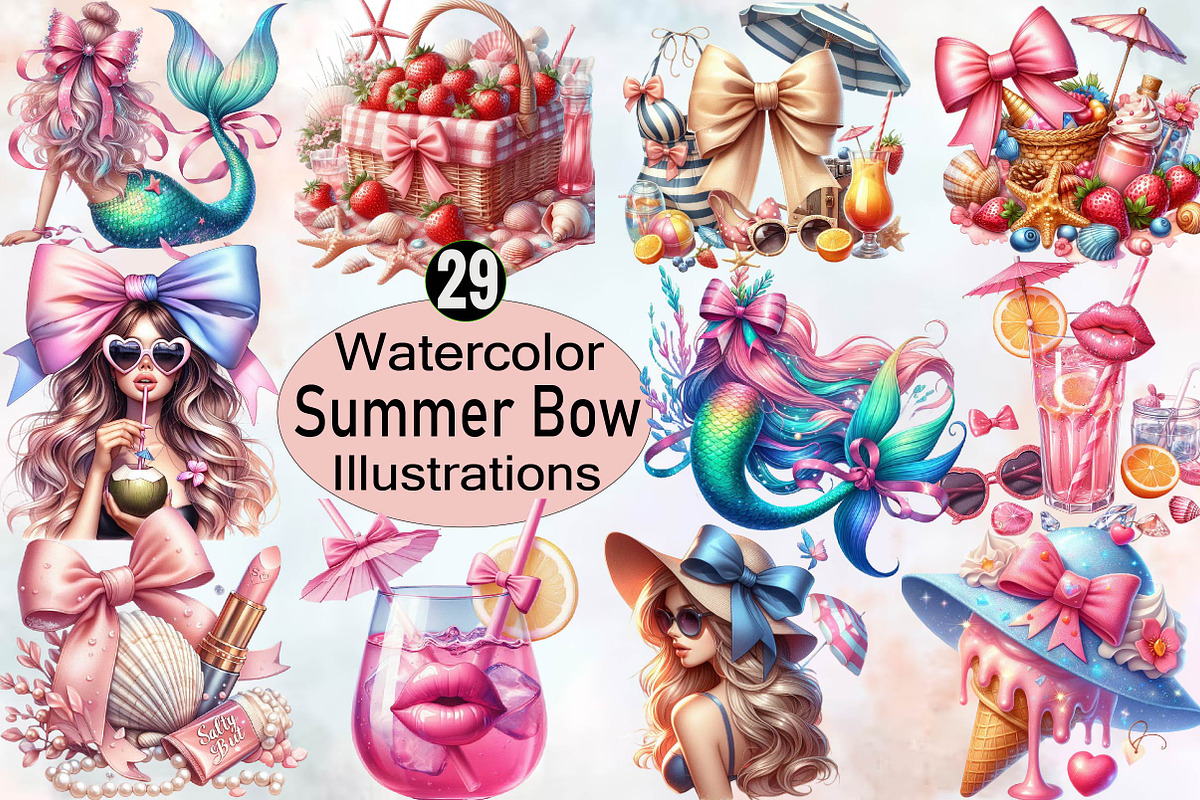 Watercolor Summer Bow Sublimation Cl, an Illustration by SVGArt (Photo 1 of 8)