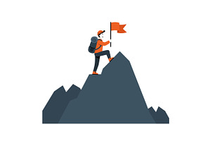 Adventurous hiker triumphantly plant, an Illustration by designvectx
