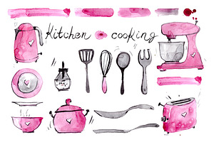 Watercolor tableware. retro crockery