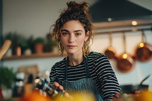 Young woman cooking in stylish kitch, a Photo by Pixeness Studio