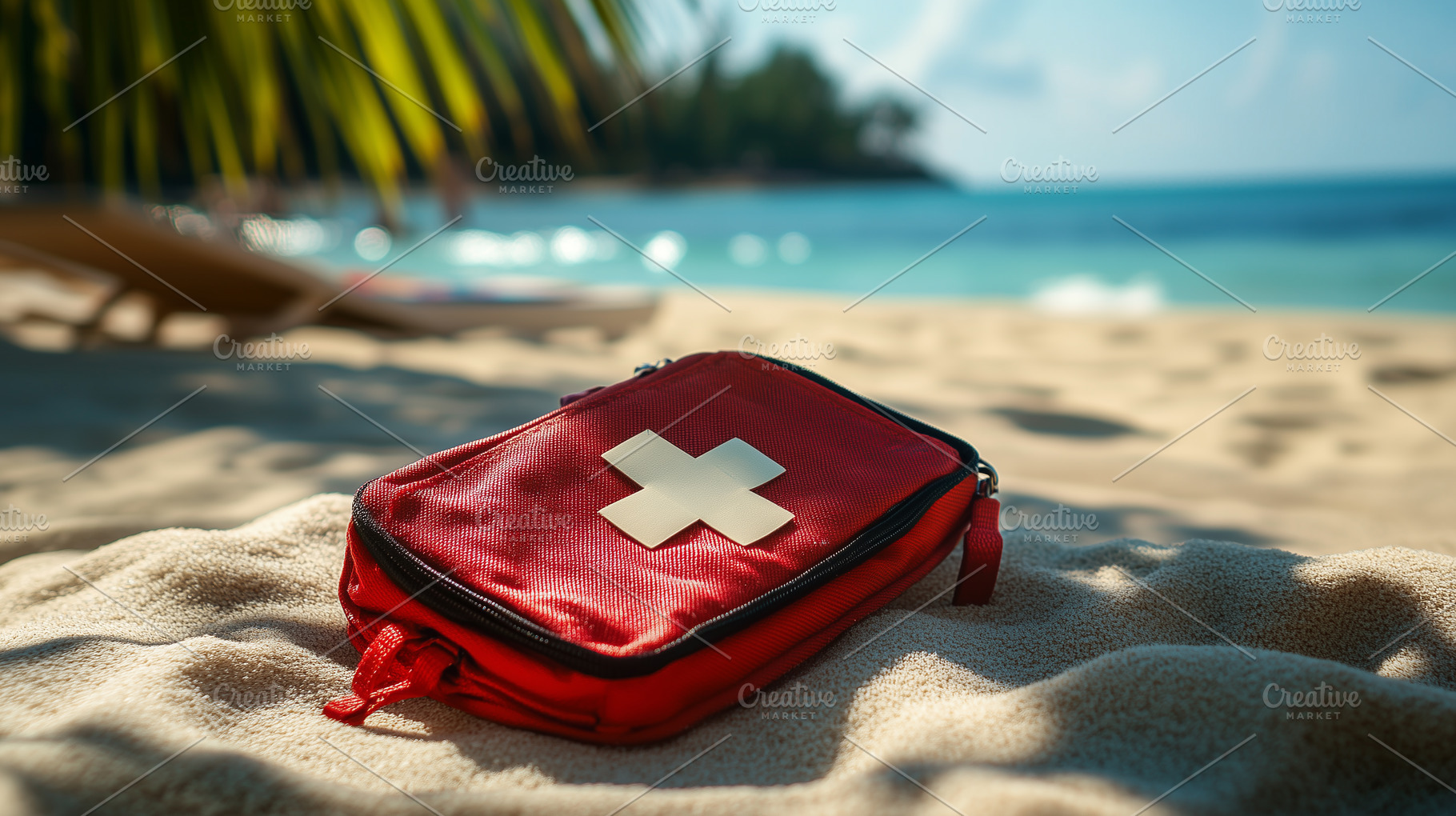 First aid kit on a sandy tropical, a Health & Medical Photo by MistyDay