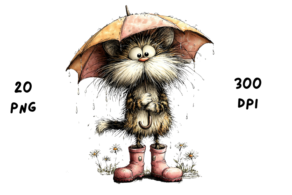 Whimsical Funny Rainy Cat Clipart, an Animal Illustration by GiraffeCreative (Photo 20 of 20)