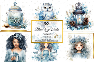 Blue Cozy Winter Clipart & Backdrop