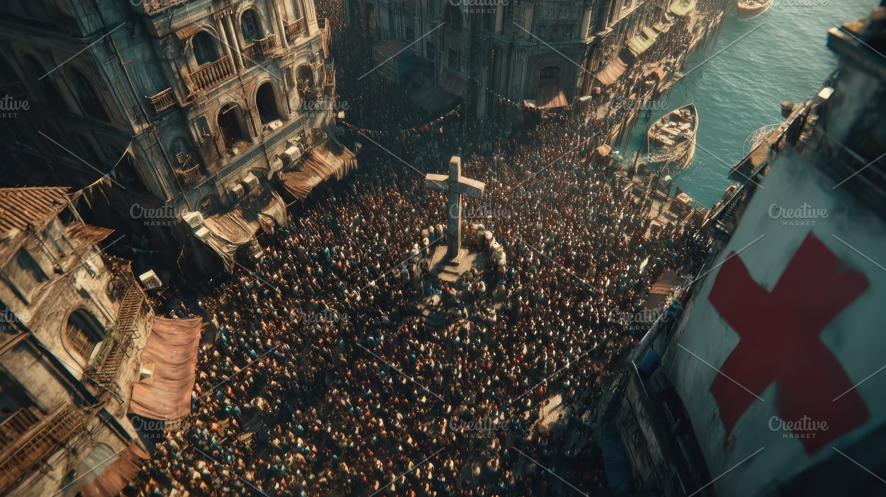 Massive crowd gathered around central stone cross in old coastal, a Person Photo by José Manuel Gelpi