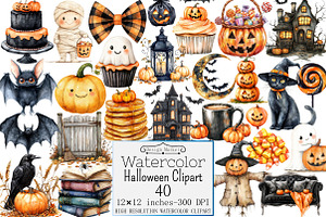 Watercolor Halloween Clipart, a Seasonal Illustration by Design Market