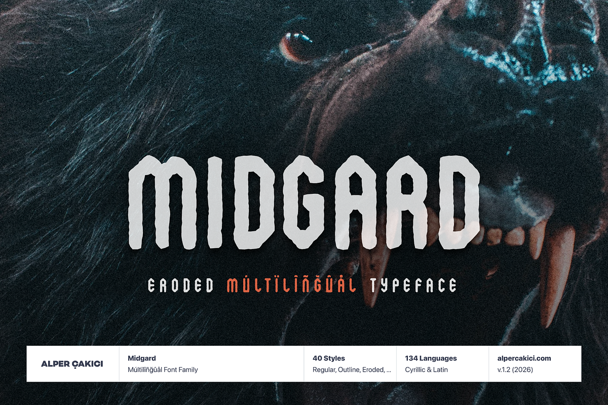 Midgard Eroded Display Typeface, a Sans Serif Font by alpercakici (Photo 1 of 12)