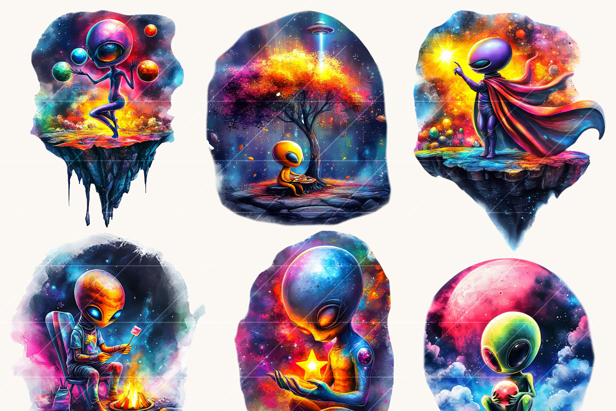 Watercolor Alien Clipart Bundle, an Object Illustration by BusyDaydesign