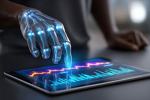 Futuristic robotic hand interacting with tablet displaying data in modern works, a Technology Photo by AlyaAnd