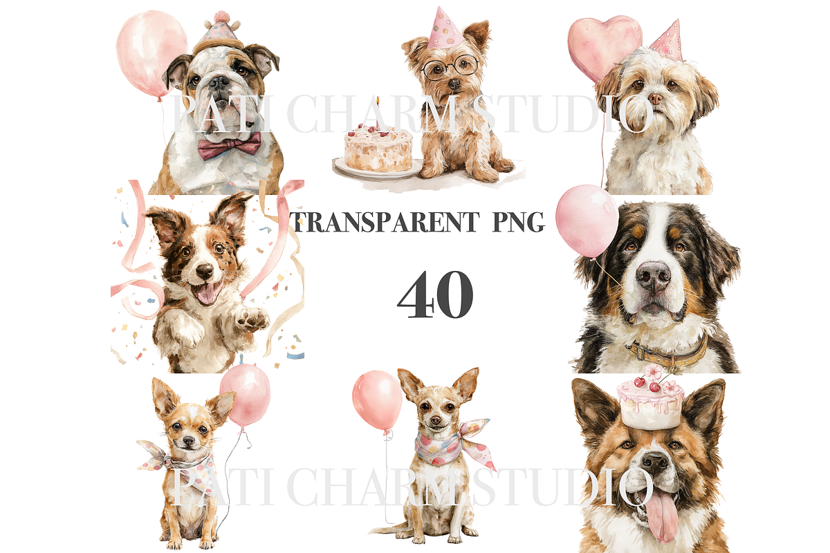 40 Birthday Dog Clipart PNGs, an Animal Illustration by Pati Charm Studio (Photo 4 of 9)