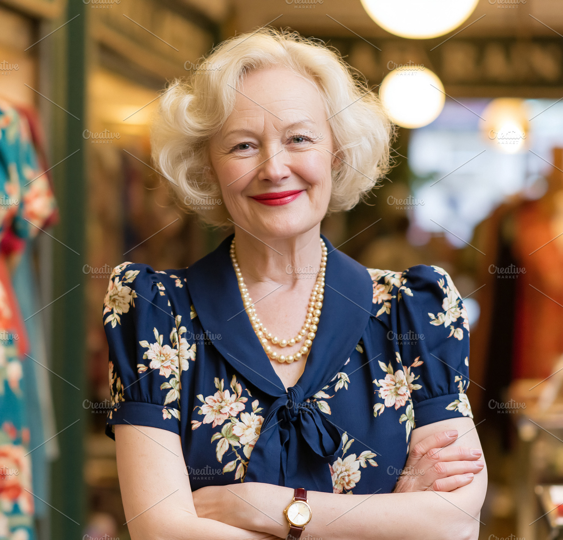 Senior woman smiling in a vintage style floral dress and pearl n, a Person Photo by Studio ANNA