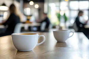 Coffee and tea cups on office table, a Photo by Pavel_design