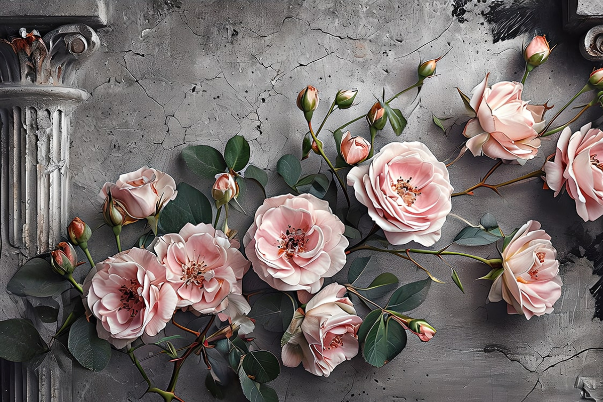 Pink roses on a gray grunge wall, an Illustration by Liubovi Samoilova SHOP