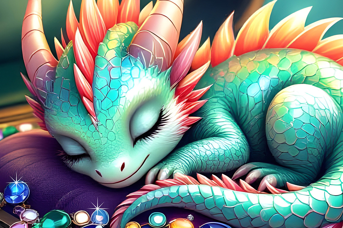 Cute Baby Dragon Sleeping in Jewels, an Animal Illustration by Sharon Schwalbe (Photo 1 of 2)