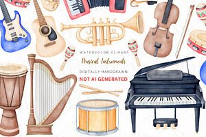 Musical Instruments Watercolor PNGs, an Object Illustration by MiracleArtAndDesign