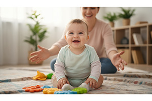 Happy baby sitting on a colorful, a Person Photo by Igor Tichonow