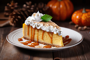 Slice of pumpkin cheesecake with whipped cream on wooden background, a Food & Drink Photo by AlyaAnd