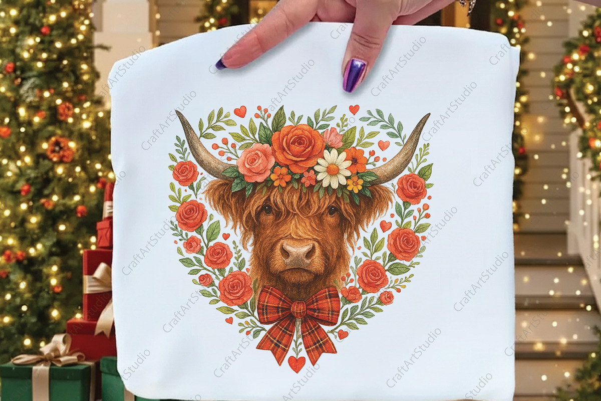 Floral Valentine Heart Highland Cow, an Illustration by CraftArtStudio (Photo 2 of 4)