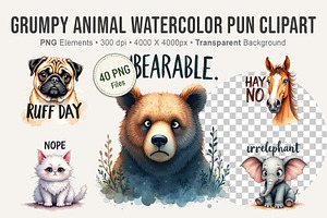 Grumpy Animal Watercolor Pun Clipart, an Illustration by Artnoy