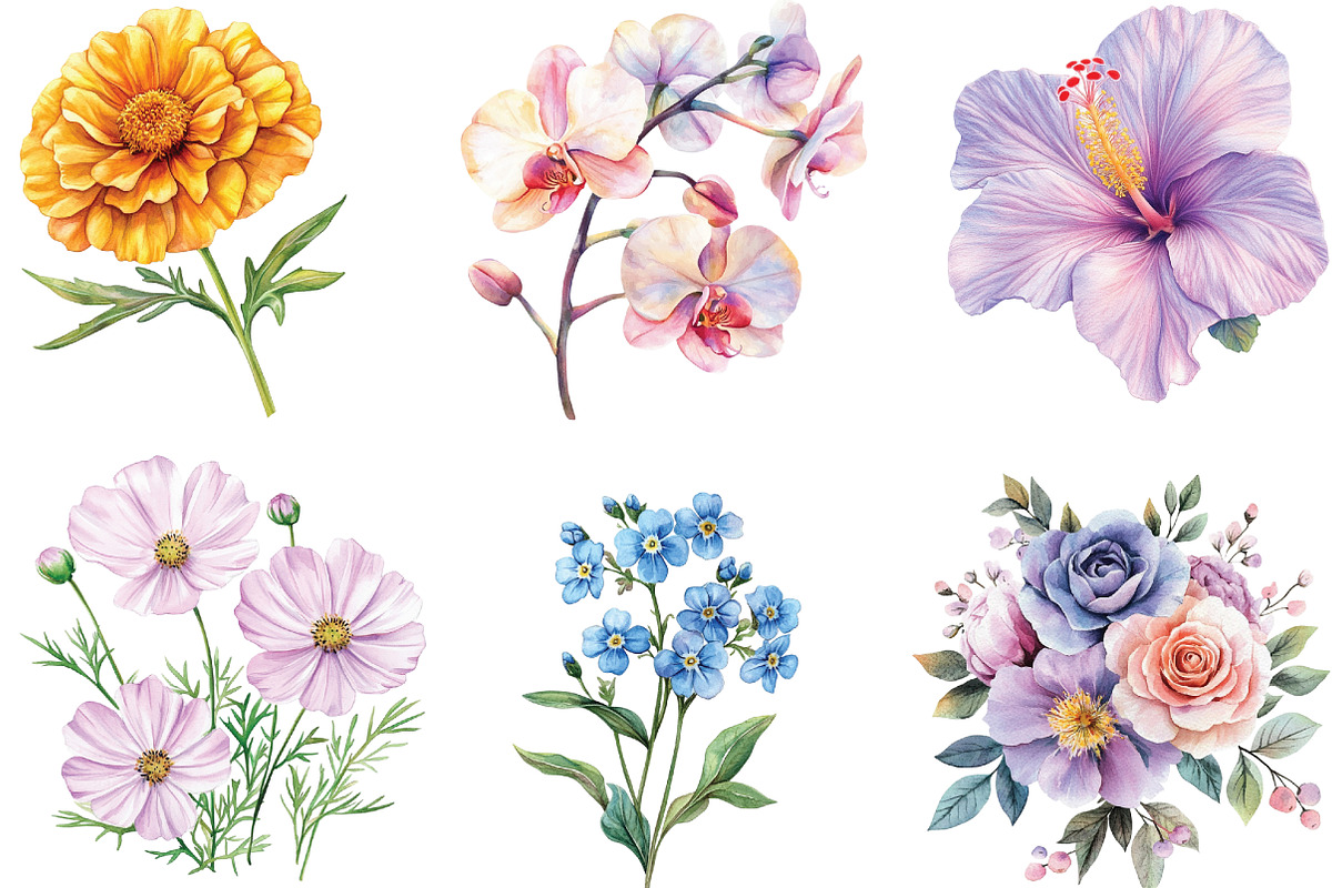 Watercolor Pastel Flowers Clipart, a Work Illustration by CraftArtStudio (Photo 2 of 6)